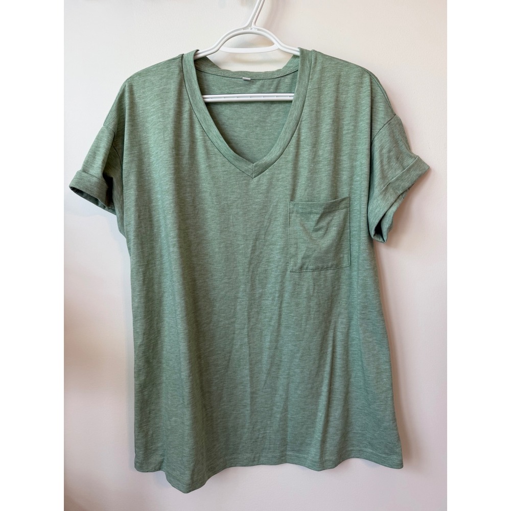 Unbranded Sage Green V-Neck Pocket T-Shirt Cuffed Short Sleeve Top Womens Large